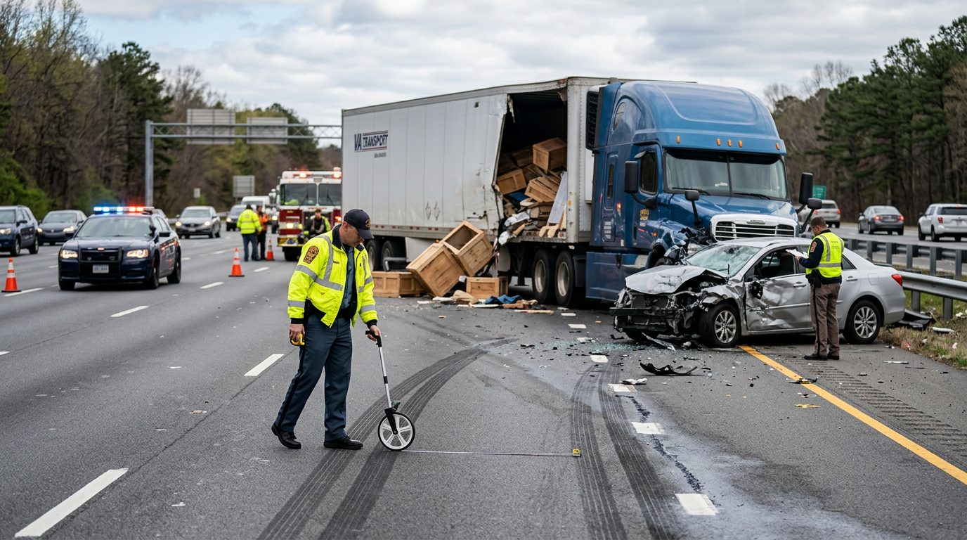 Investigators measuring skid marks and vehicle damage at a commercial truck accident scene on a highway.