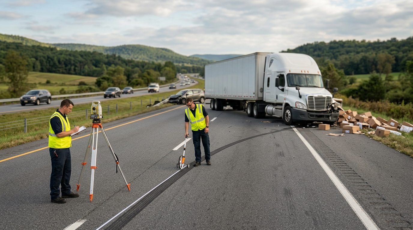 Investigators measuring skid marks and vehicle damage at a commercial truck accident scene on a highway.