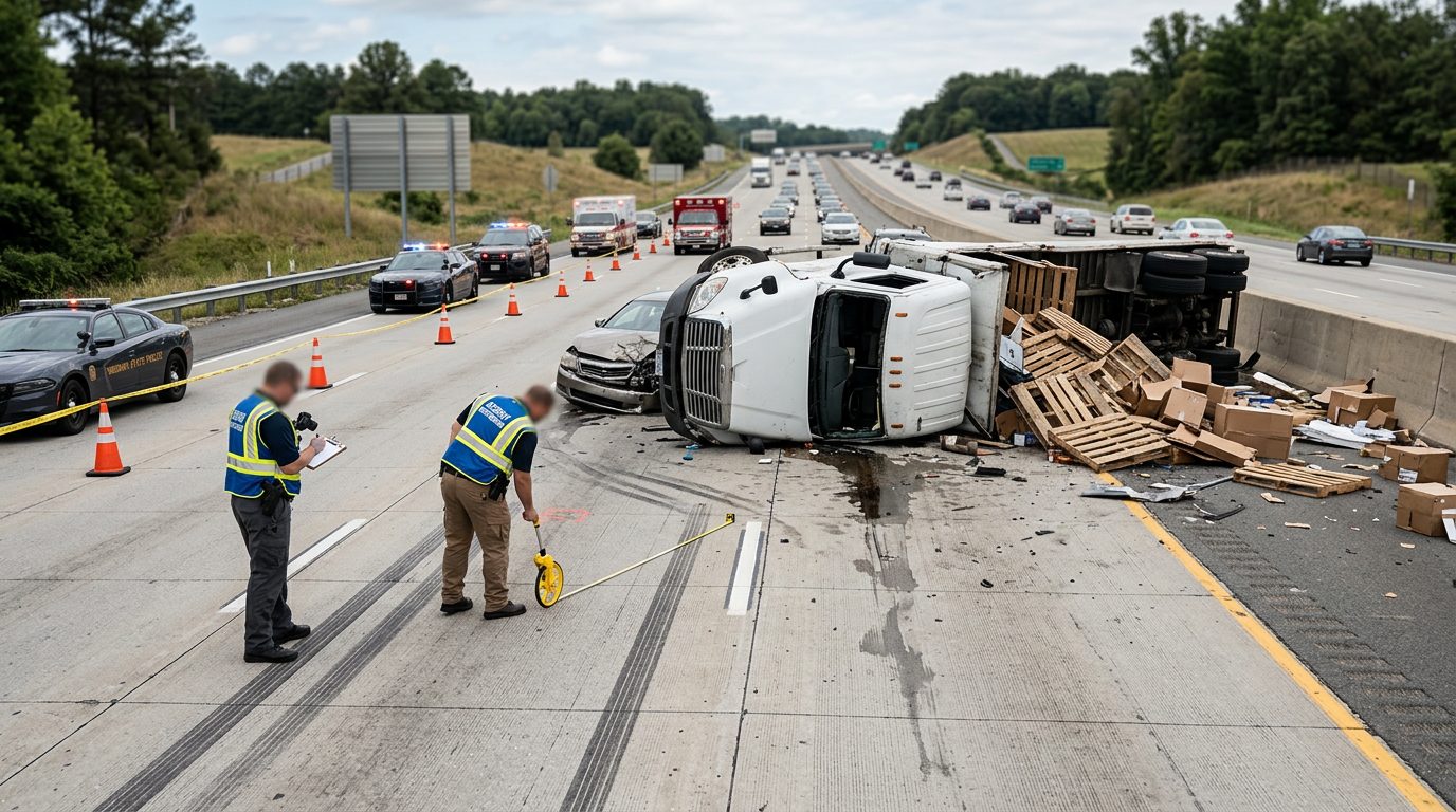 Investigators measuring skid marks and vehicle damage at a multi-lane highway truck accident scene.