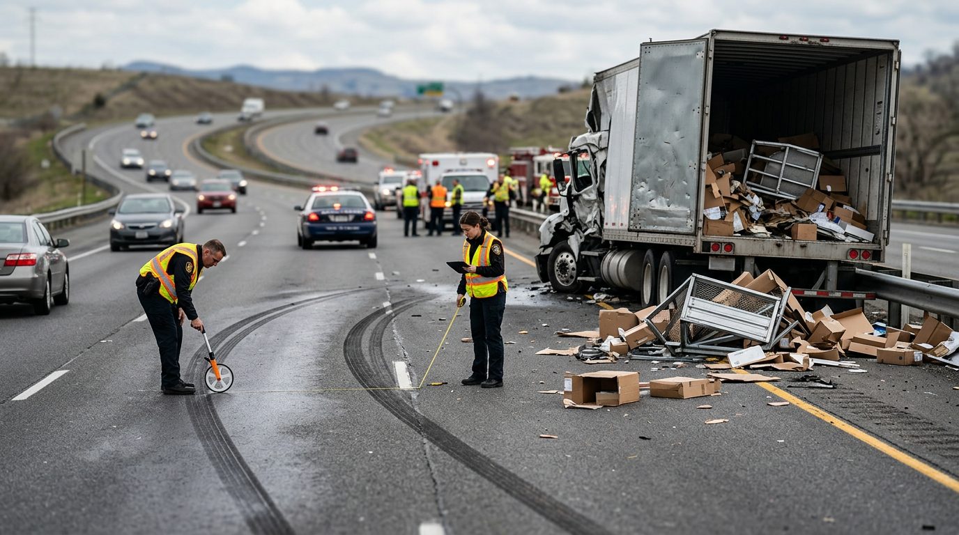 Investigators measuring skid marks and vehicle damage at a multi-lane highway truck accident scene.