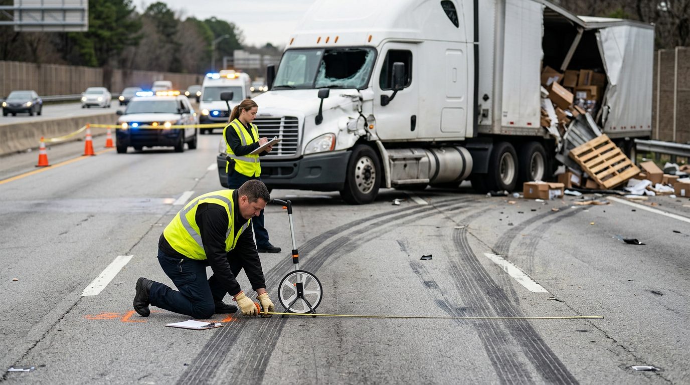 Investigators measuring skid marks and vehicle positioning at a commercial truck accident scene on a highway.