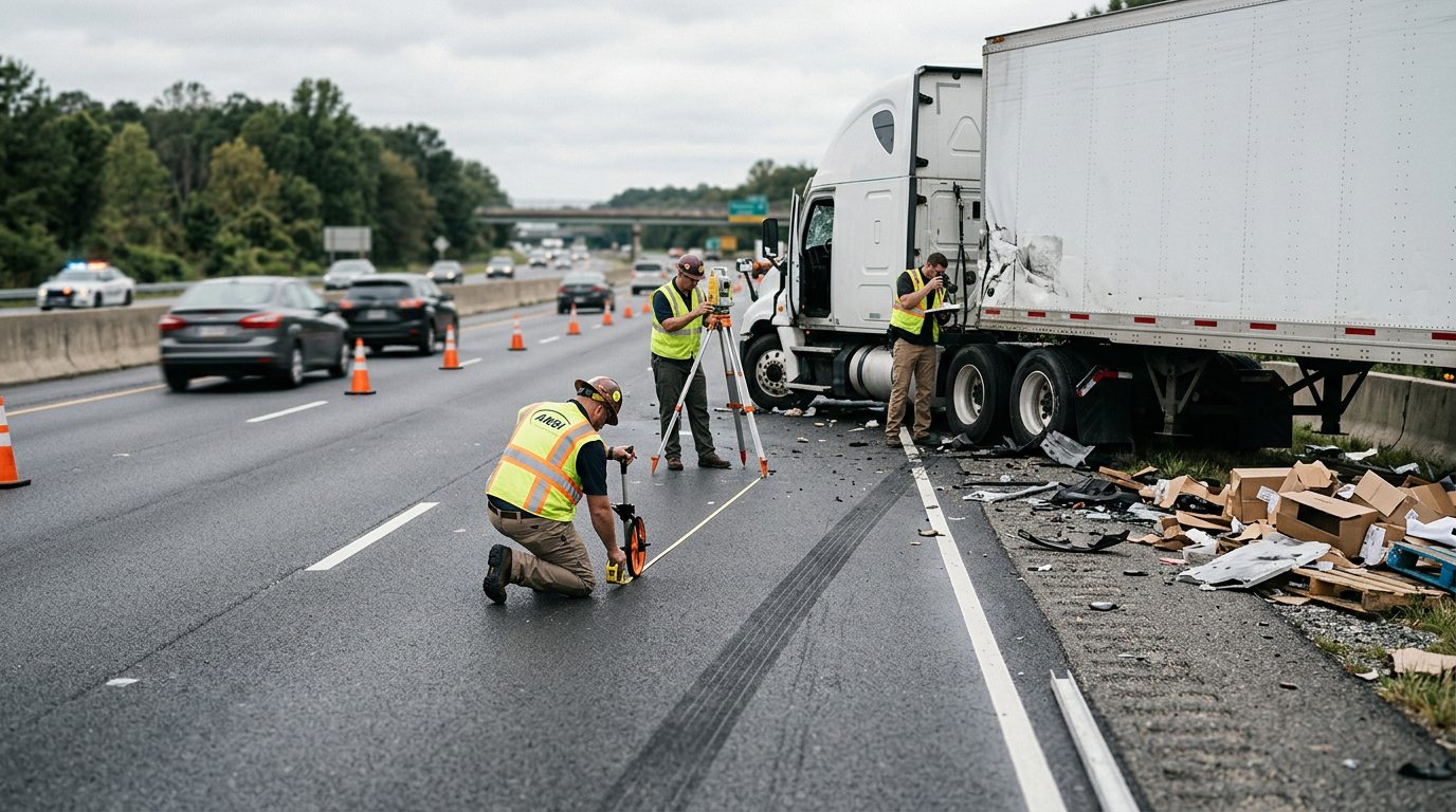 Investigators measuring skid marks and vehicle positioning at a commercial truck accident scene on a highway.