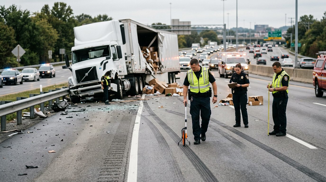 Investigators measuring skid marks and vehicle positioning at a multi-lane highway truck accident scene.