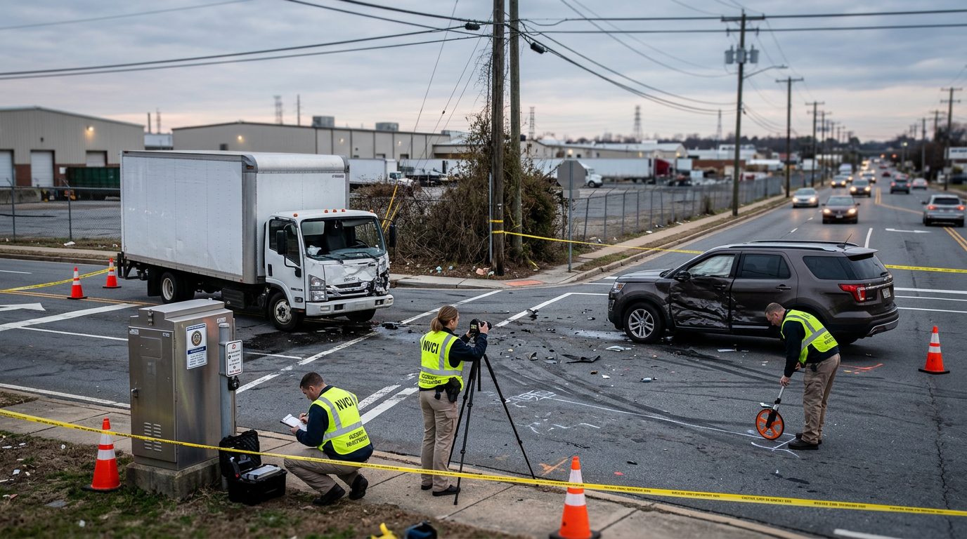 Investigators photograph a damaged delivery truck and road markings at an industrial intersection crash scene.