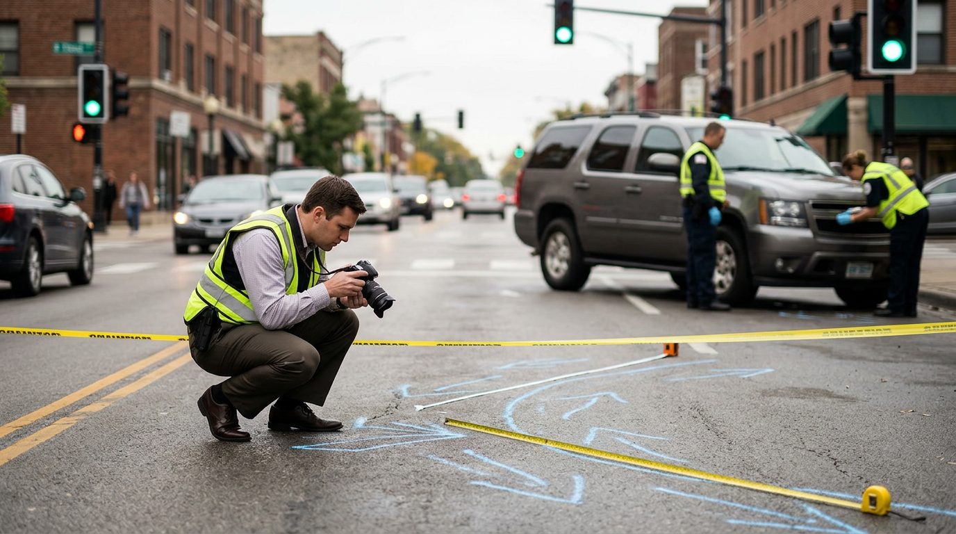 Investigators photograph impact marks and fall patterns at a busy intersection after a turning car hit a pedestrian.