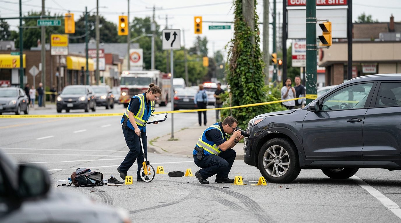Investigators photograph impact marks on a vehicle and the pavement at a busy intersection where a turning car struck a pedestrian.