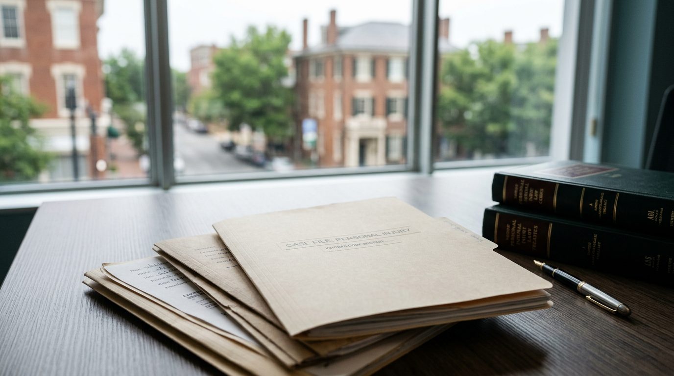 Legal documents and a desk in a quiet Virginia office, suggesting a personal injury claim review.