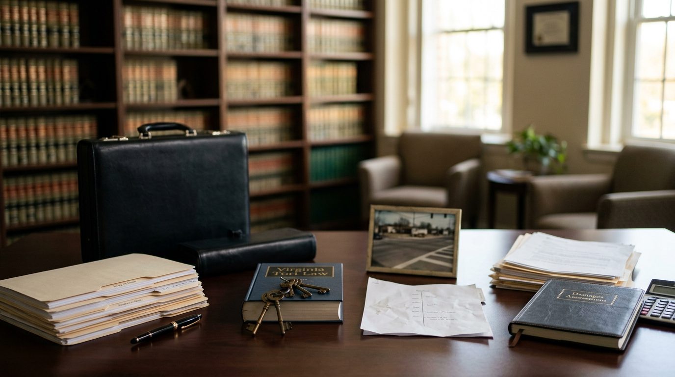 Legal documents and a gavel on a wooden desk beside a window.