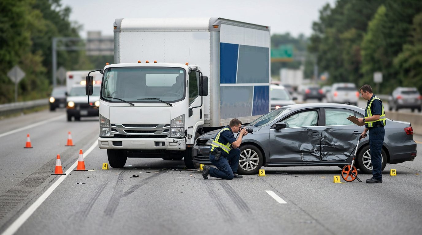 Multi-lane highway accident scene with commercial vehicle and passenger car, investigators documenting impact and road conditions.