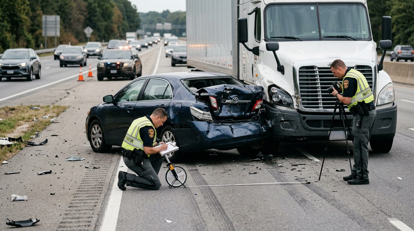Multi-lane highway accident scene with commercial vehicle and passenger car, investigators documenting impact and road conditions.