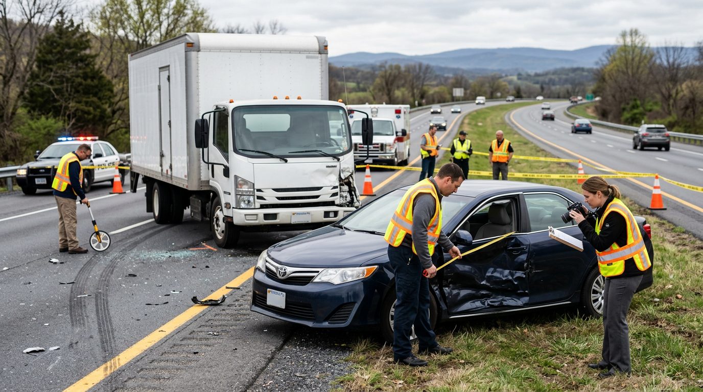 Multi-lane highway accident scene with commercial vehicle and passenger car, investigators documenting impact and road conditions.