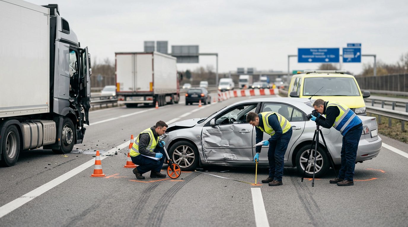 Multi-lane highway accident scene with commercial vehicle and passenger car for spinal injury documentation.
