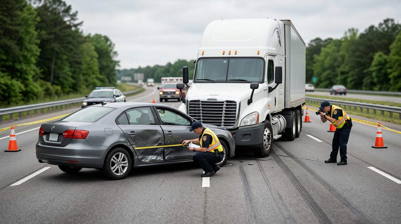 Multi-lane highway accident scene with commercial vehicle and passenger car, investigators documenting impact and road conditions.
