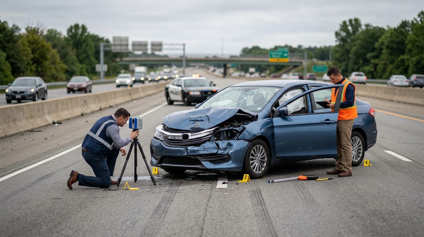 Multi-lane highway accident scene with severely damaged passenger vehicle showing frontal impact and deployed safety systems.
