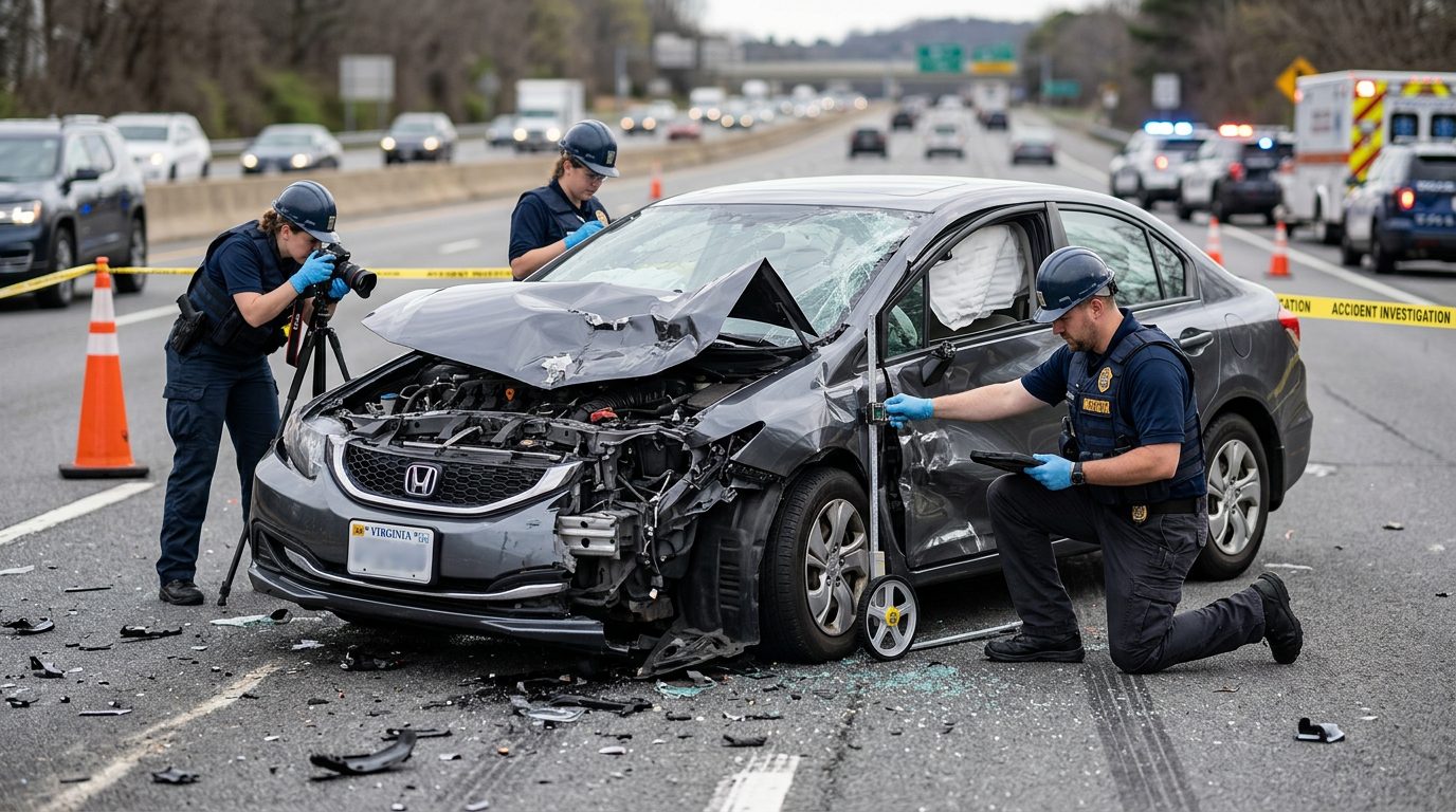 Severe vehicle frontal impact on highway with accident reconstructionists documenting damage for injury assessment.