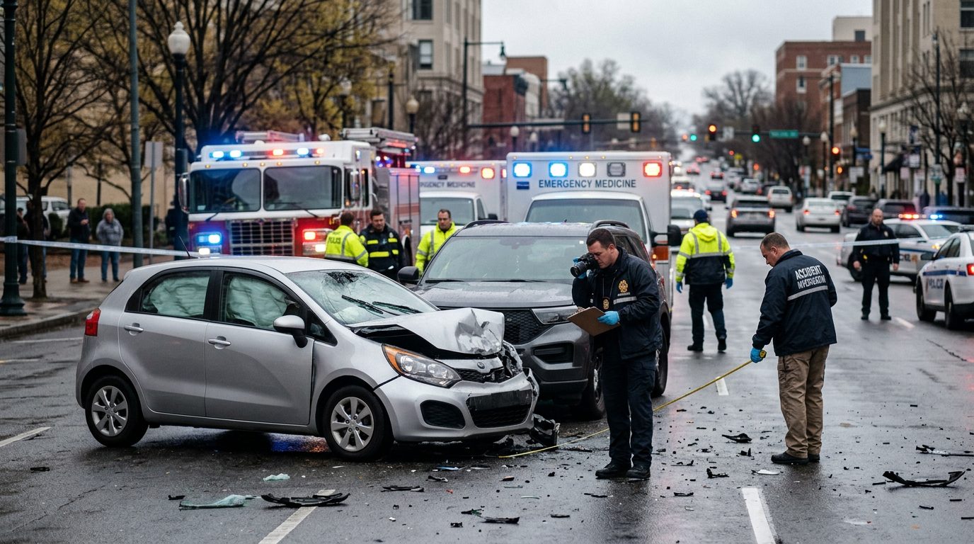 Traffic accident on a city street with emergency vehicles and investigators documenting vehicle damage
