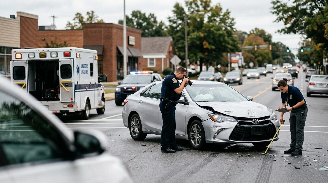 Traffic accident scene with emergency vehicles and investigators documenting vehicle damage on city street.