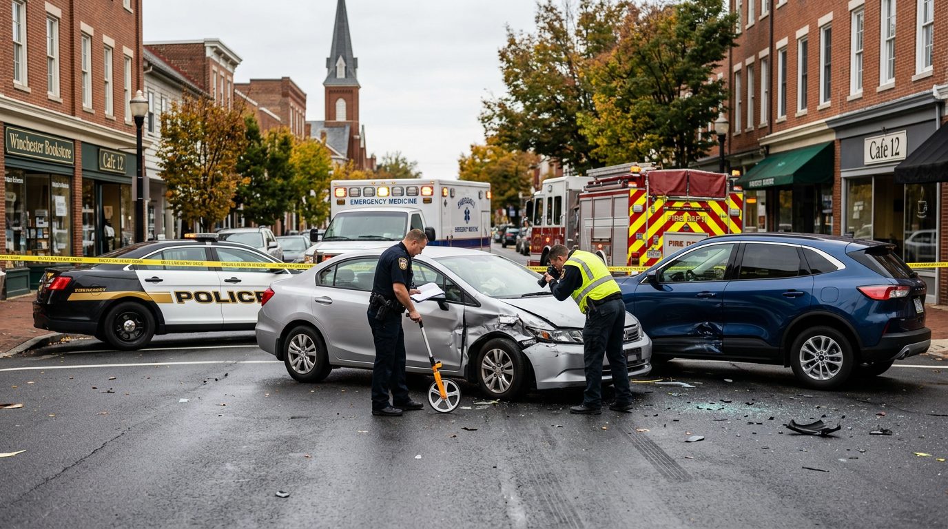 Traffic accident scene with emergency vehicles and investigators documenting vehicle damage on city street.