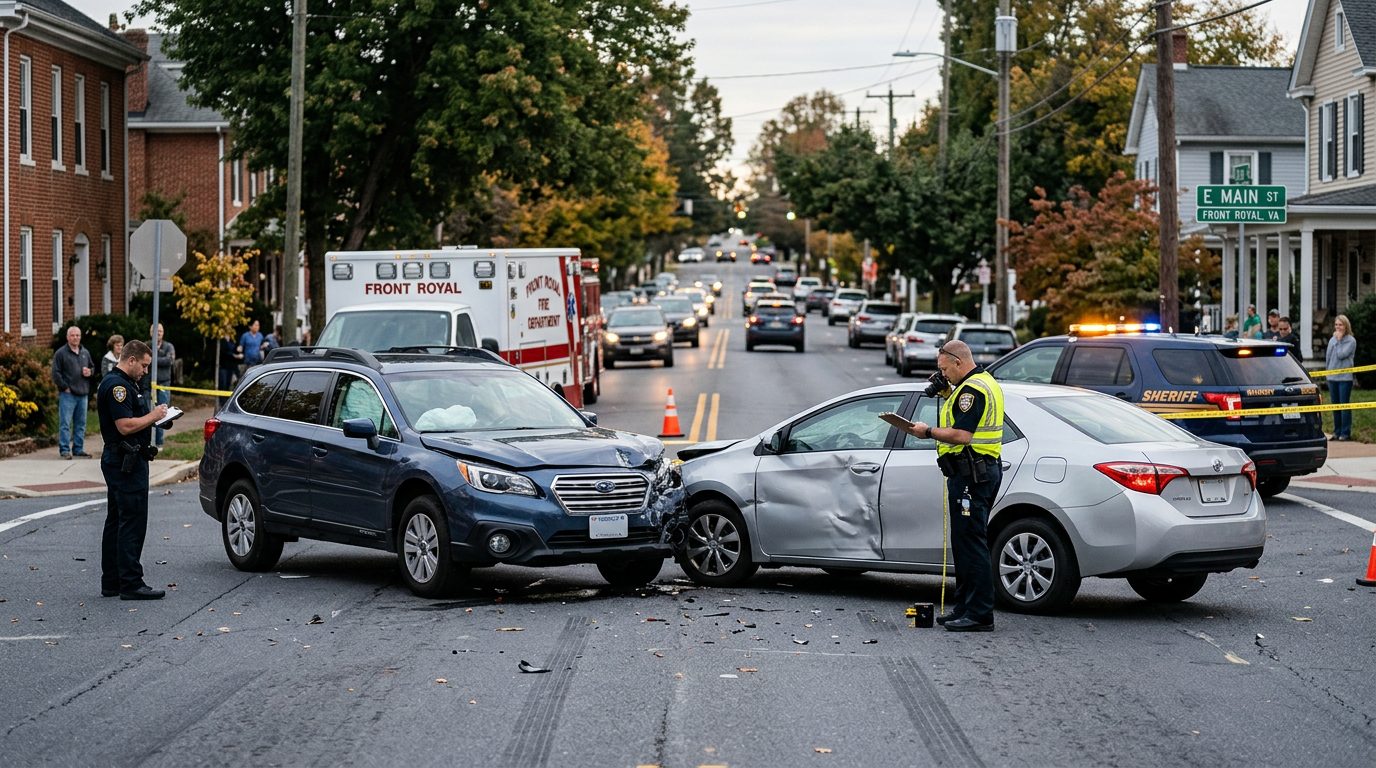 Traffic accident scene with emergency vehicles and investigators documenting vehicle damage on city street.