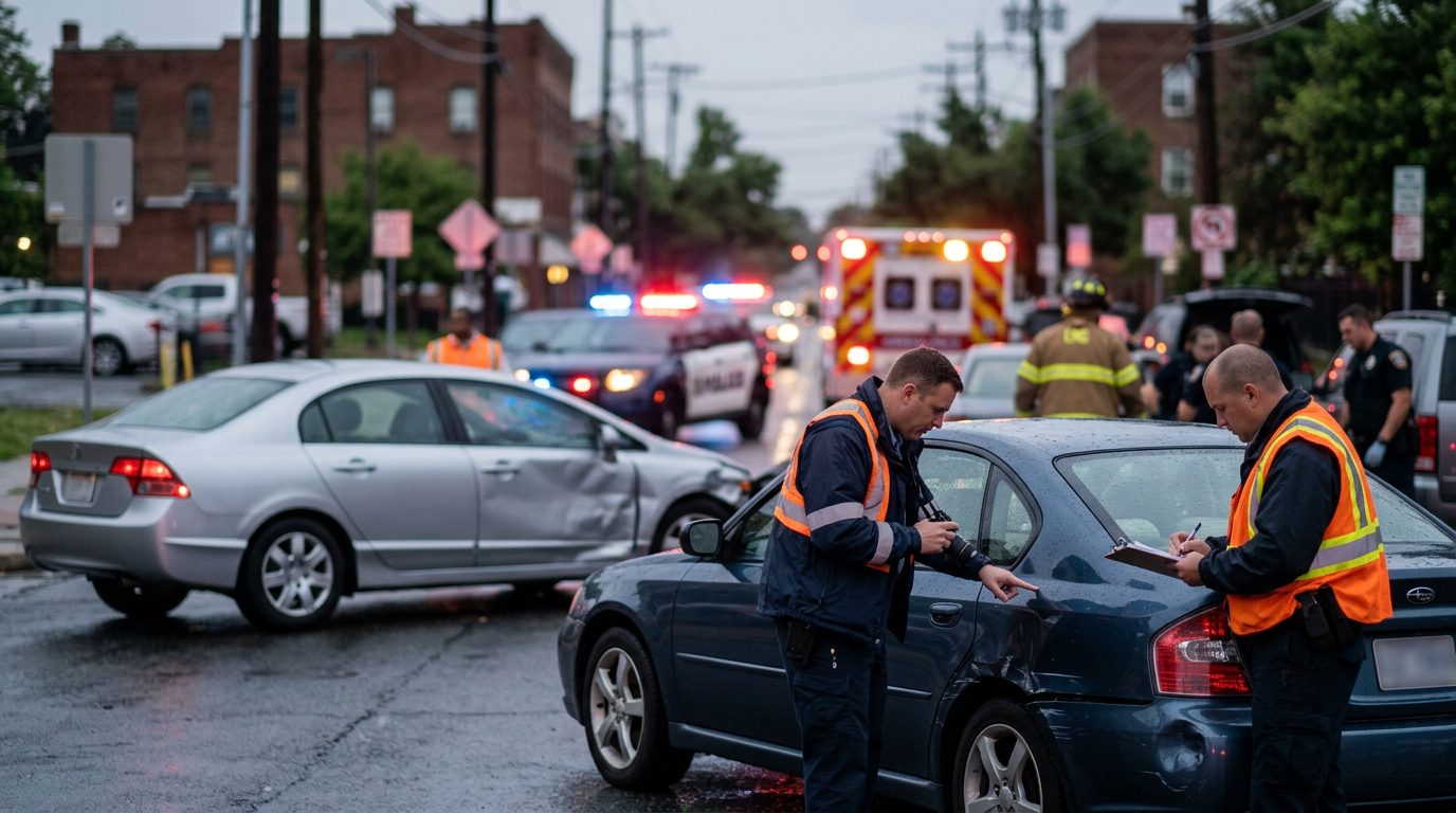 Traffic accident scene with emergency vehicles and investigators documenting vehicle damage on city street.