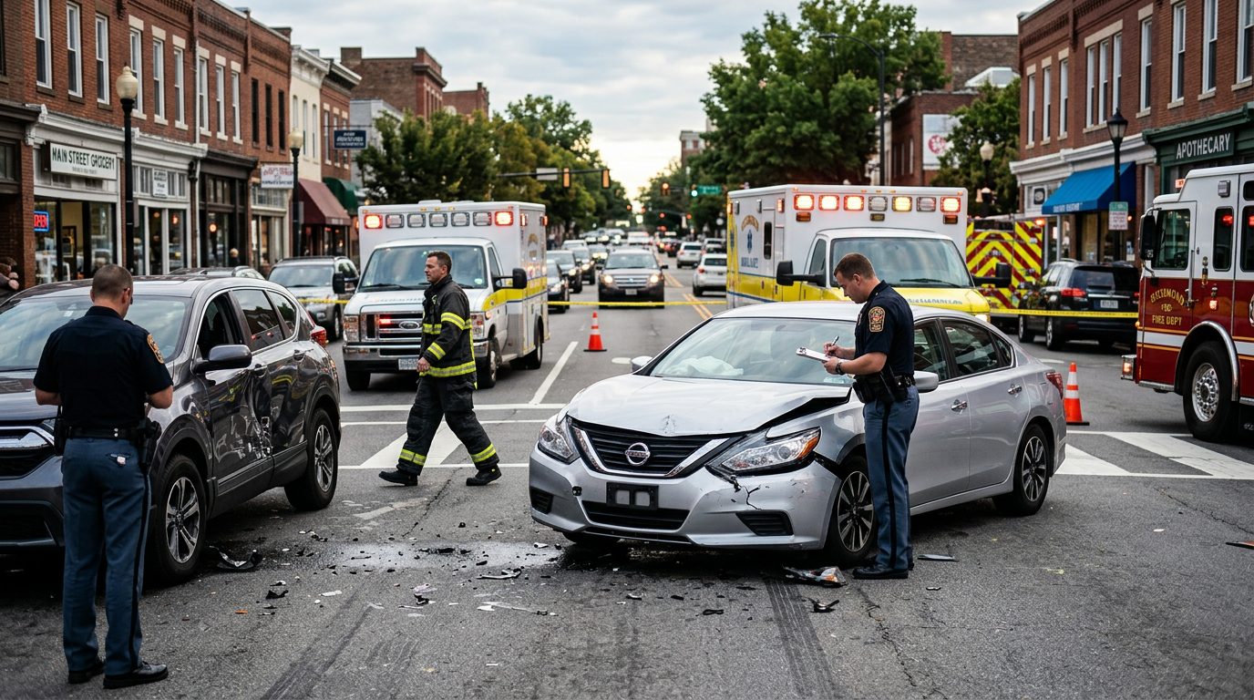 Traffic accident scene with emergency vehicles and investigators documenting vehicle damage on city street.