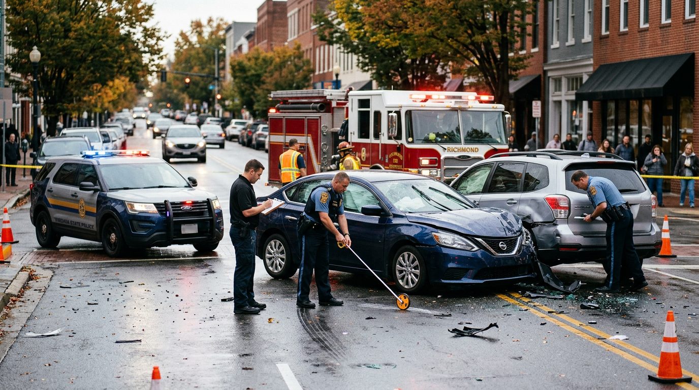 Traffic accident scene with emergency vehicles and investigators documenting vehicle damage on city street.