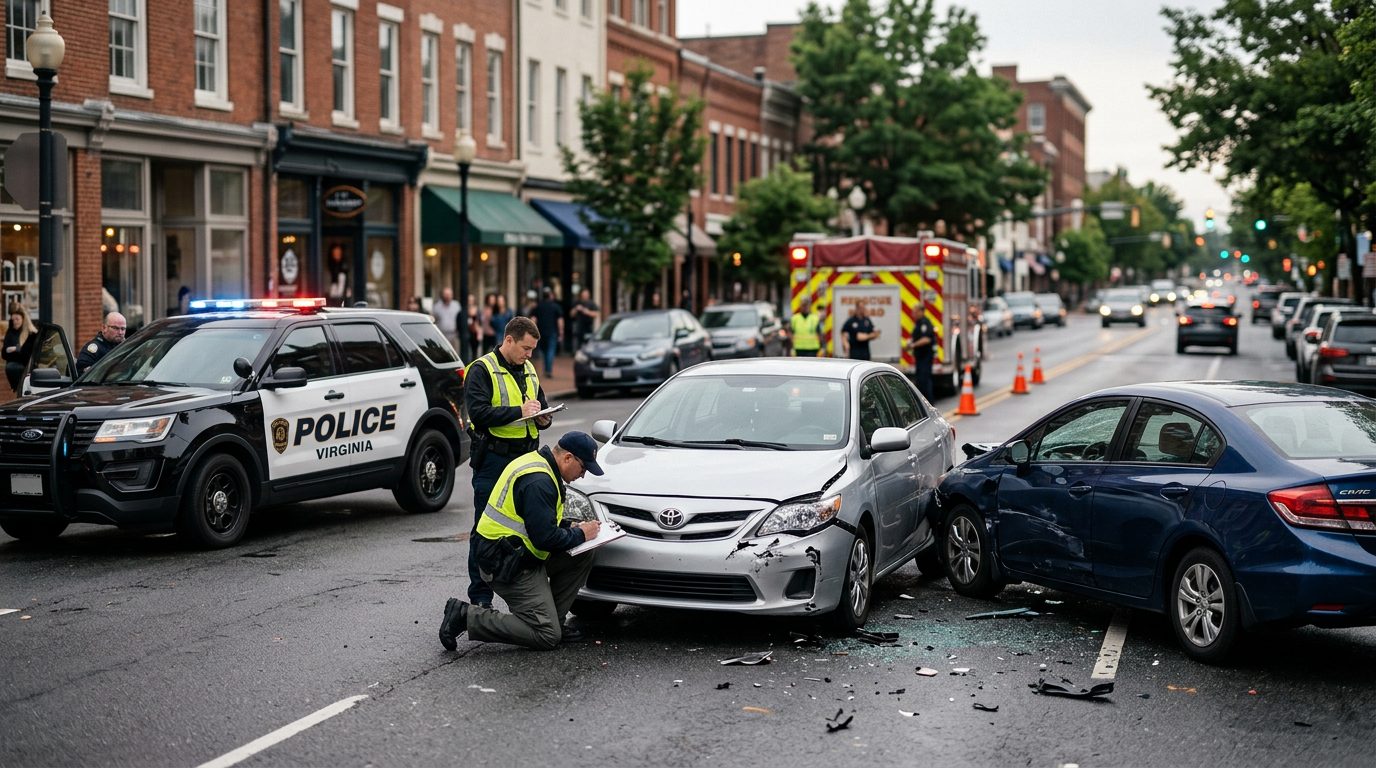 Two damaged cars sit on a city street while investigators and emergency vehicles document the scene.