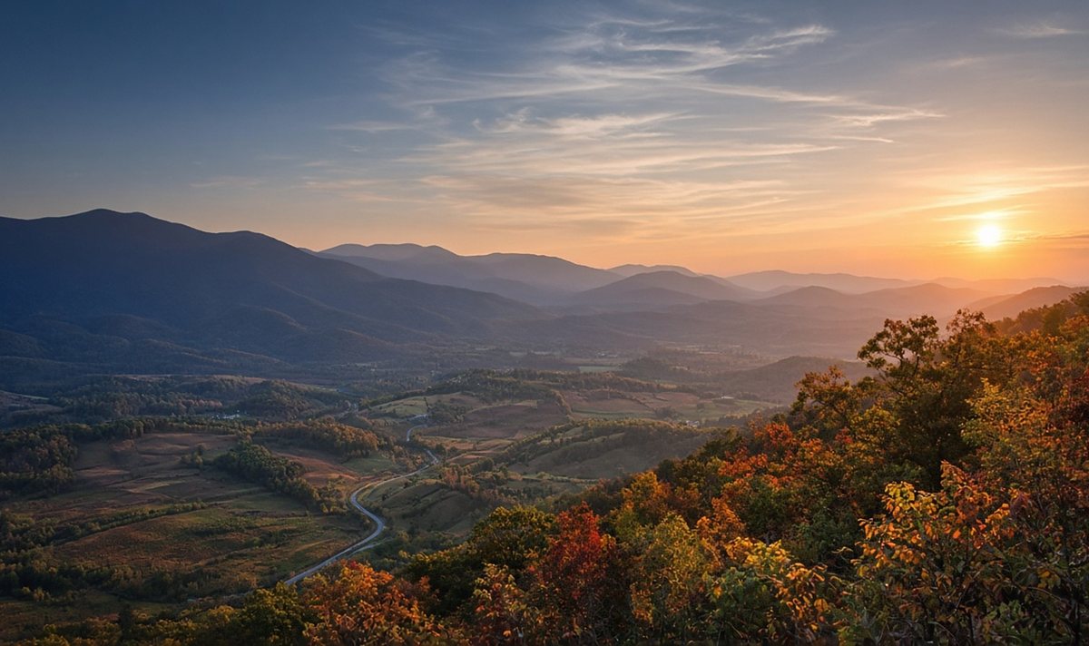 Autumn view over the Shenandoah Valley with the Blue Ridge Mountains at sunset